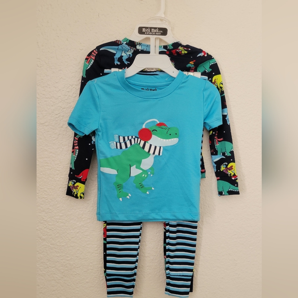 Mick Mack Kids Dinosaur Pajama 4-Piece Set - Blue and Green 2T NWOT